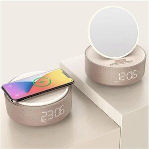 Hyundai Wireless Charger Digital Alarm Clock Bluetooth Speaker FoldMakeup Mirror